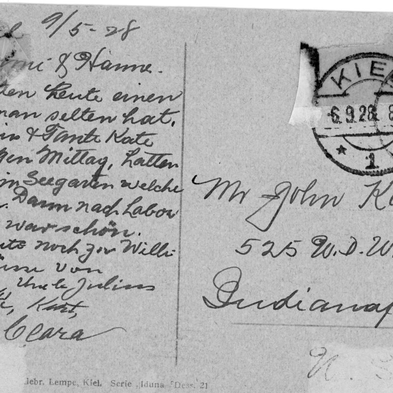 1928 postcard to Mimi (Mahrdt) Korra from aunt Clara & aunt Kate